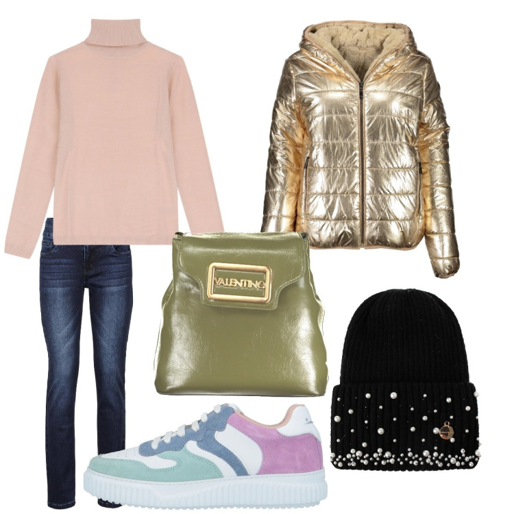 Outfit donna - A spasso per mercatini. Stile Casual chic per Tutti i giorni. Abbinamento con jeans, sneakers, berretti, maglieria, piumini, zaini.