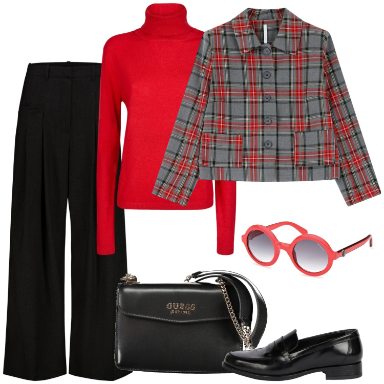 Outfit donna - Eccentrica. Stile Mannish per Scuola/Università. Abbinamento con blazer, maglieria, pantaloni, borse a spalla, mocassini, occhiali da sole.