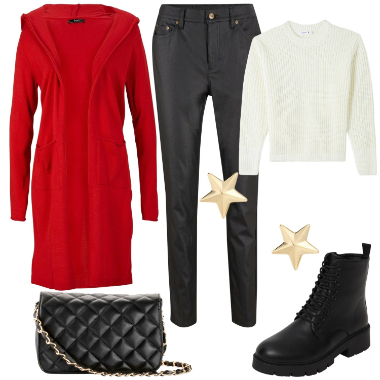 Outfit donna - Natale in famiglia. Stile Casual per Tutti i giorni. Abbinamento con borse a tracolla, pantaloni skinny, cardigans, maglieria, anfibi, orecchini.