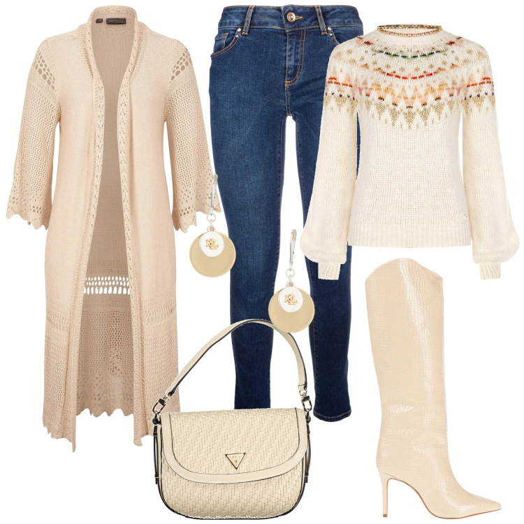 Outfit donna - Natale con la famiglia. Stile Casual per Tutti i giorni. Abbinamento con cardigans, stivali, maglieria, jeans skinny, orecchini, borse a spalla.