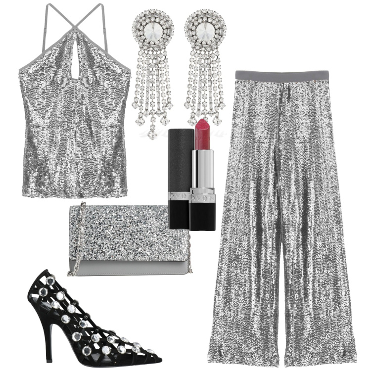 Outfit donna - Sparkling night. Stile Glamour per Serata fuori. Abbinamento con décolleté, borse a tracolla, rossetti, top, pantaloni, orecchini.