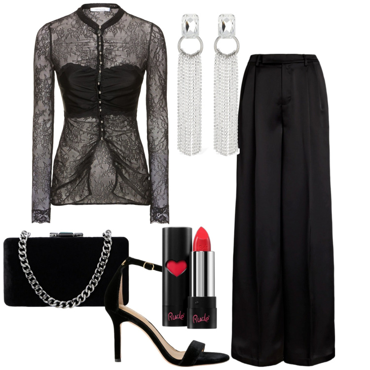 Outfit donna - Capodanno. Stile Glamour per Serata fuori. Abbinamento con rossetti, pantaloni, clutch, sandali col tacco, vestiti, orecchini.