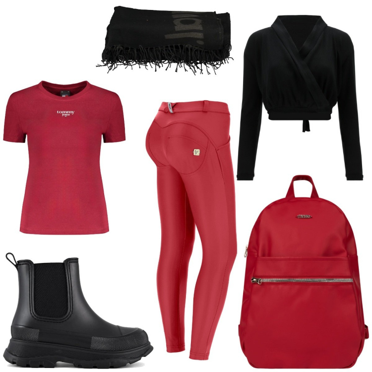 Outfit donna - Red December. Stile Sporty chic per Tutti i giorni. Abbinamento con pantaloni skinny, top, zaini, stivali, t-shirt, cappotti.
