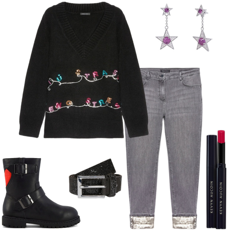 Outfit donna - Natale in famiglia!. Stile Casual chic per Serata fuori. Abbinamento con rossetti, orecchini, maglieria, jeans skinny, stivaletti, cinture.