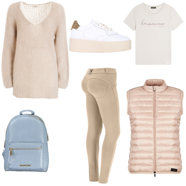 Outfit donna - Per la mattina con stile e comodità. Stile Urban per Tutti i giorni. Abbinamento con maglieria, sneakers, pantaloni skinny, t-shirt, piumini, zaini.