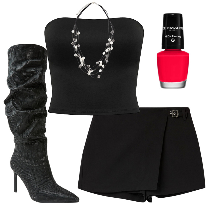 Outfit donna - Happy New Year. Stile Chic per Serata fuori. Abbinamento con smalti, minigonne, top, stivali, collane.