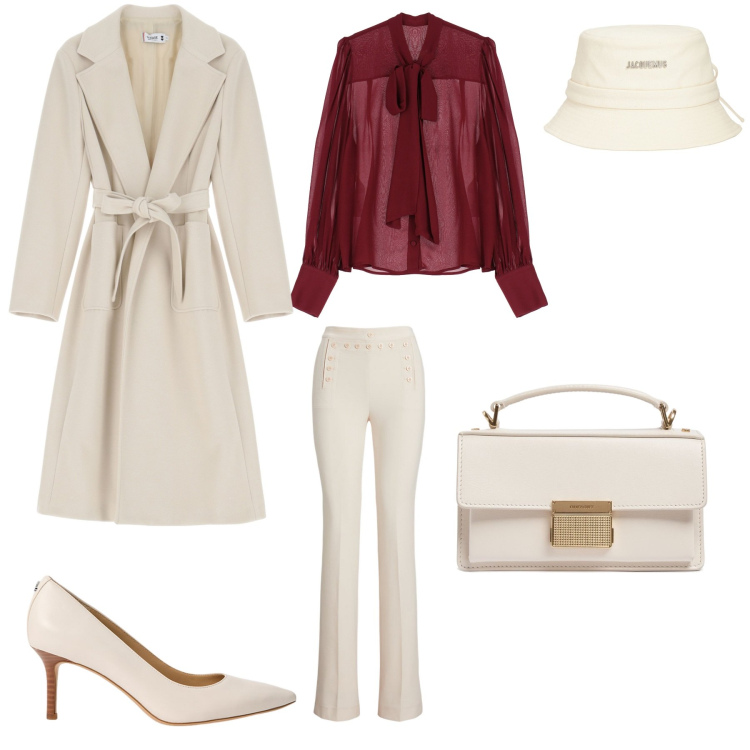 Outfit donna - Sera. Stile Chic per Serata fuori. Abbinamento con cappotti, camicie, décolleté, pantaloni, cappelli, borse a mano.