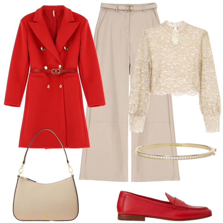 Outfit donna - Un tocco di rosso per le festività. Stile Glamour per Tutti i giorni. Abbinamento con braccialetti, camicie, pantaloni, cappotti, borse a spalla, mocassini.