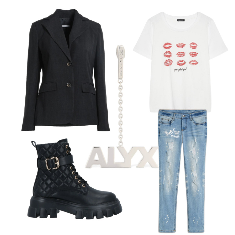 Outfit donna - Oggi mi sento rock. Stile Rock per Serata fuori. Abbinamento con stivaletti, blazer, jeans strappati, t-shirt, orecchini.