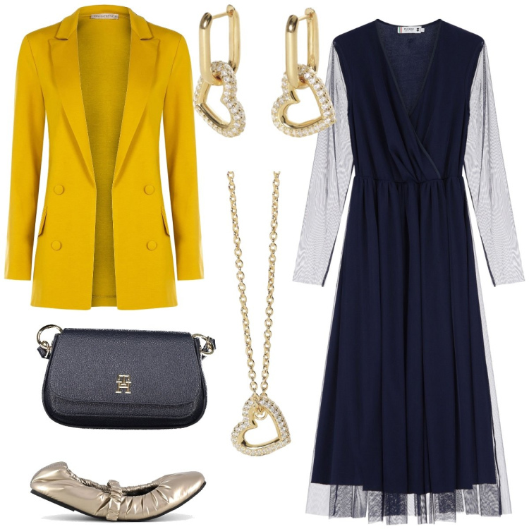Outfit donna - Total look #2025551. Stile Chic per Serata fuori. Abbinamento con orecchini, collane, vestiti, blazer, ballerine, borse a tracolla.