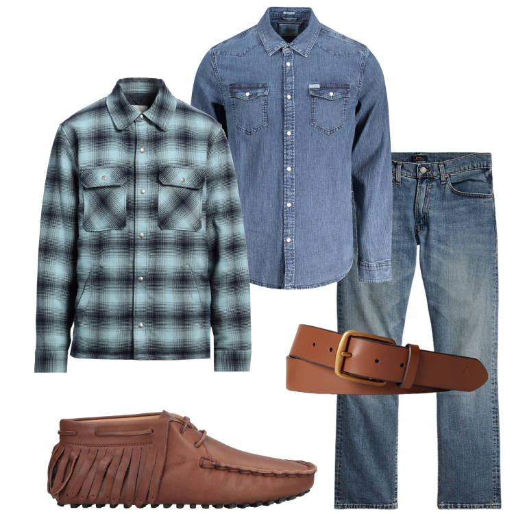 Outfit uomo - Denim su denim. Stile Casual per Serata speciale. Abbinamento con stivali e stivaletti, giacche, cinture, jeans dritti, camicie.
