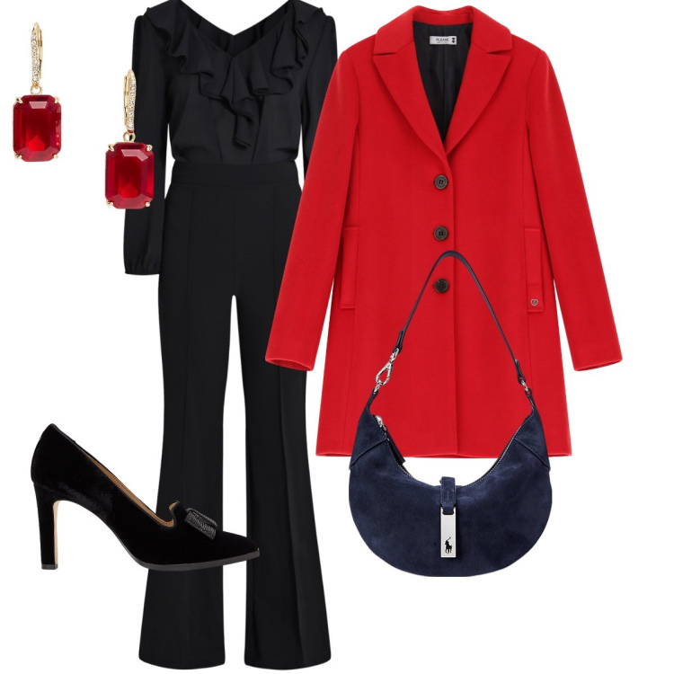 Outfit donna - Il Rosso e il Nero…. Stile Chic per Serata fuori. Abbinamento con tute, cappotti, borse a spalla, orecchini, décolleté.