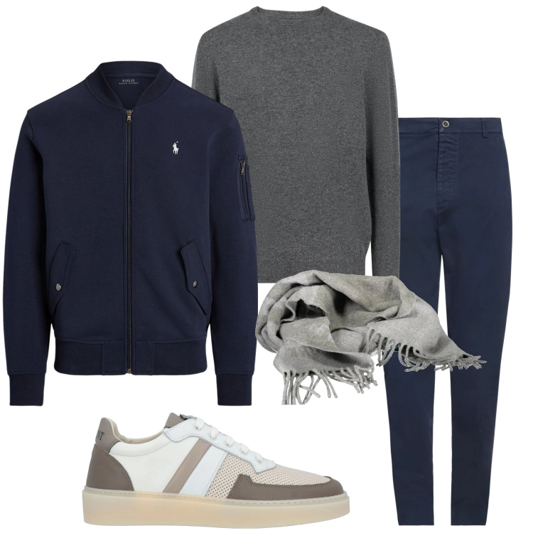 Outfit uomo - Sile minimal. Stile Urban per Ufficio. Abbinamento con pantaloni, sneakers, bomber, maglieria, sciarpe.