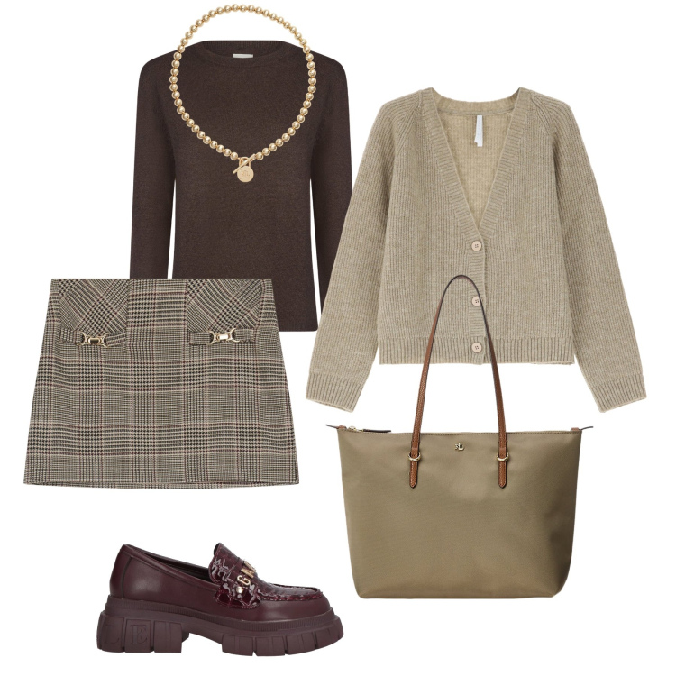 Outfit donna - Mini check e mocassini. Stile Trendy per Tutti i giorni. Abbinamento con mocassini, cardigans, minigonne, collane, borse tote, maglieria.
