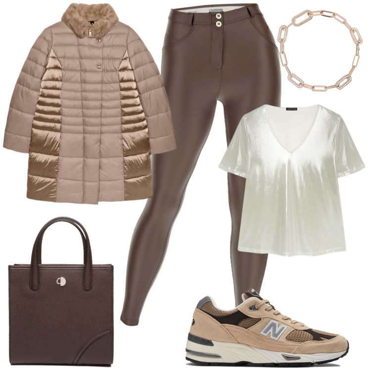 Outfit donna - Natale in famiglia. Stile Basic per Tutti i giorni. Abbinamento con braccialetti, sneakers, pantaloni skinny, piumini, t-shirt, shopping bag.