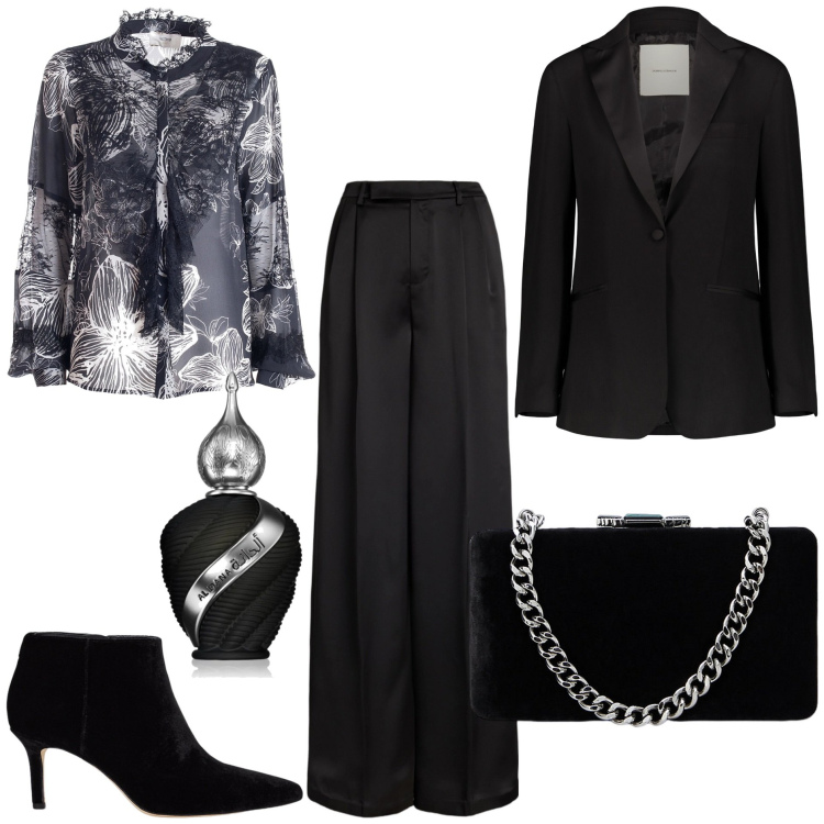 Outfit donna - La serata elegante. Stile Chic per Serata fuori. Abbinamento con profumi, camicie, pantaloni, clutch, stivaletti, giacche.
