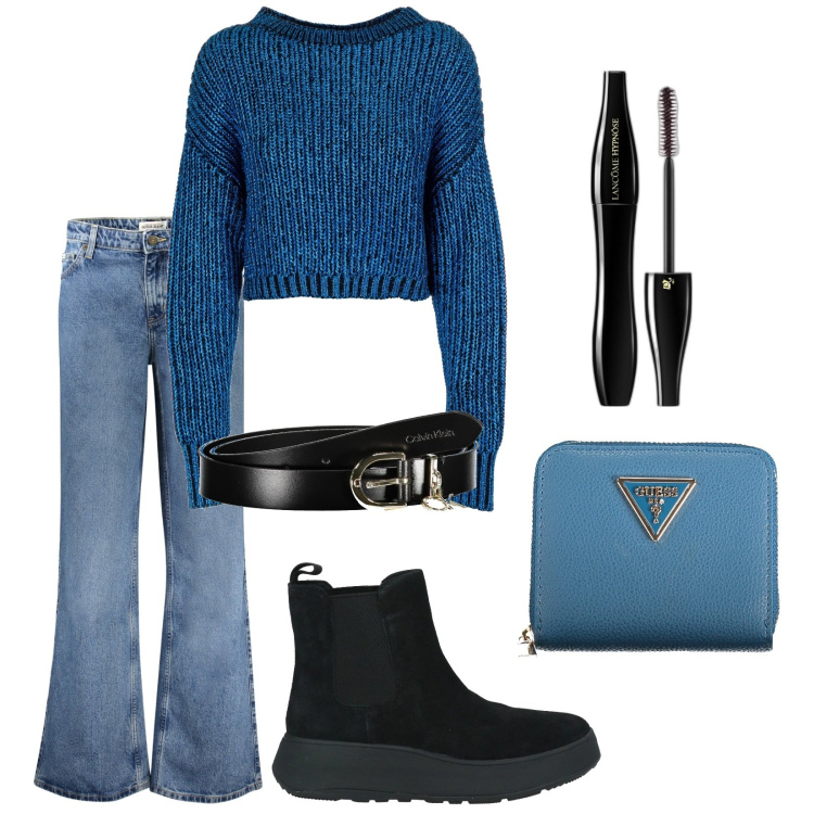 Outfit donna - Total look #2025568. Stile Casual per Tutti i giorni. Abbinamento con stivaletti chelsea, mascara, maglieria, jeans, portafogli, cinture.