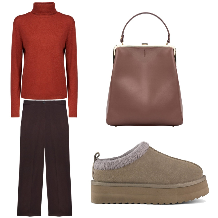 Outfit donna - Aperitivo. Stile Trendy per Tutti i giorni. Abbinamento con sabot, maglieria, borse a spalla, pantaloni.