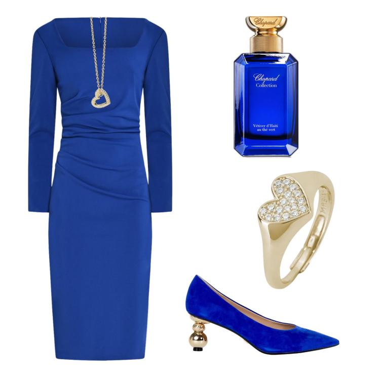 Outfit donna - Blu e oro. Stile Chic per Serata fuori. Abbinamento con profumi, anelli, collane, vestiti a tubino, décolleté.