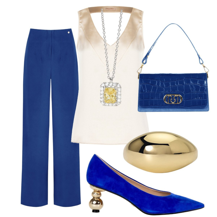 Outfit donna - Total look #2025576. Stile Casual chic per Serata fuori. Abbinamento con anelli, collane, pantaloni, top, borse a tracolla, décolleté.