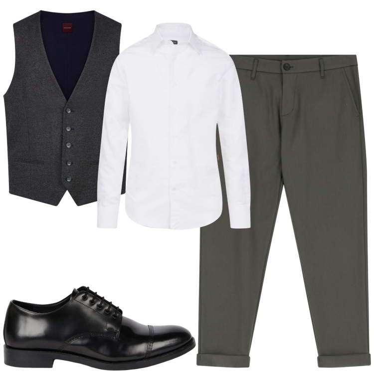 Outfit uomo - Dicembre. Stile Business/Elegante per Tutti i giorni. Abbinamento con pantaloni, gilet, camicie, scarpe stringate.