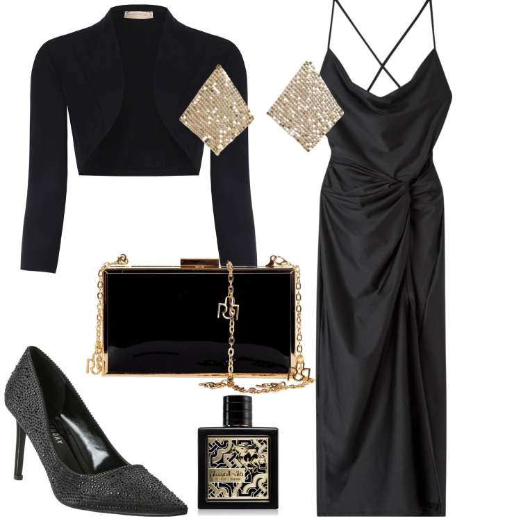 Outfit donna - Serata. Stile Glamour per Serata fuori. Abbinamento con profumi, vestiti, décolleté, orecchini, bolero, pochette.