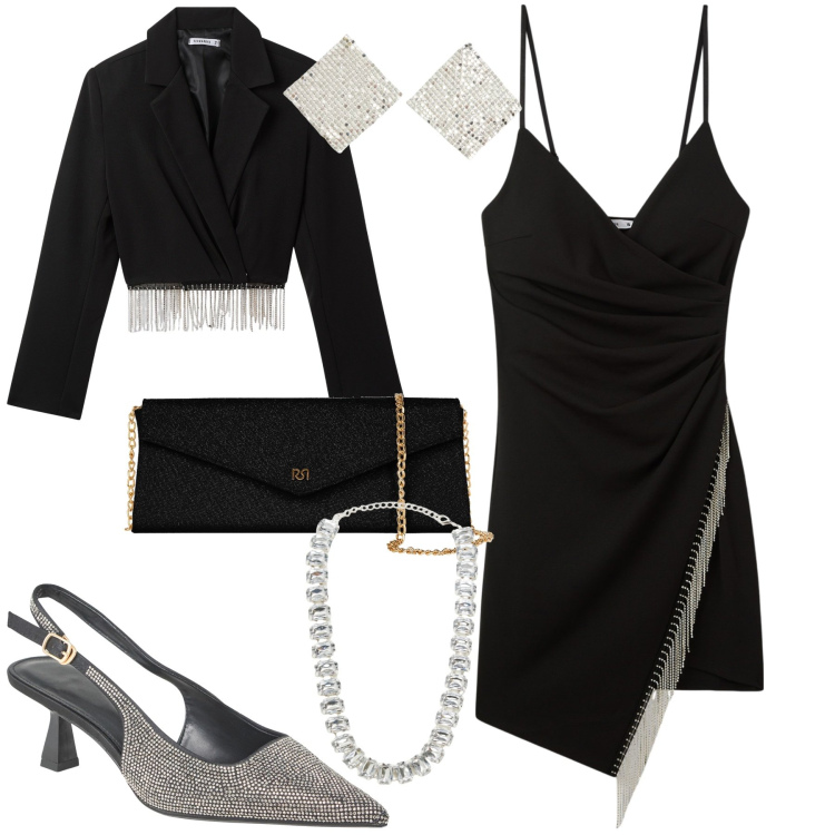Outfit donna - Serata. Stile Glamour per Serata fuori. Abbinamento con vestiti corti, orecchini, blazer, collane, décolleté, pochette.