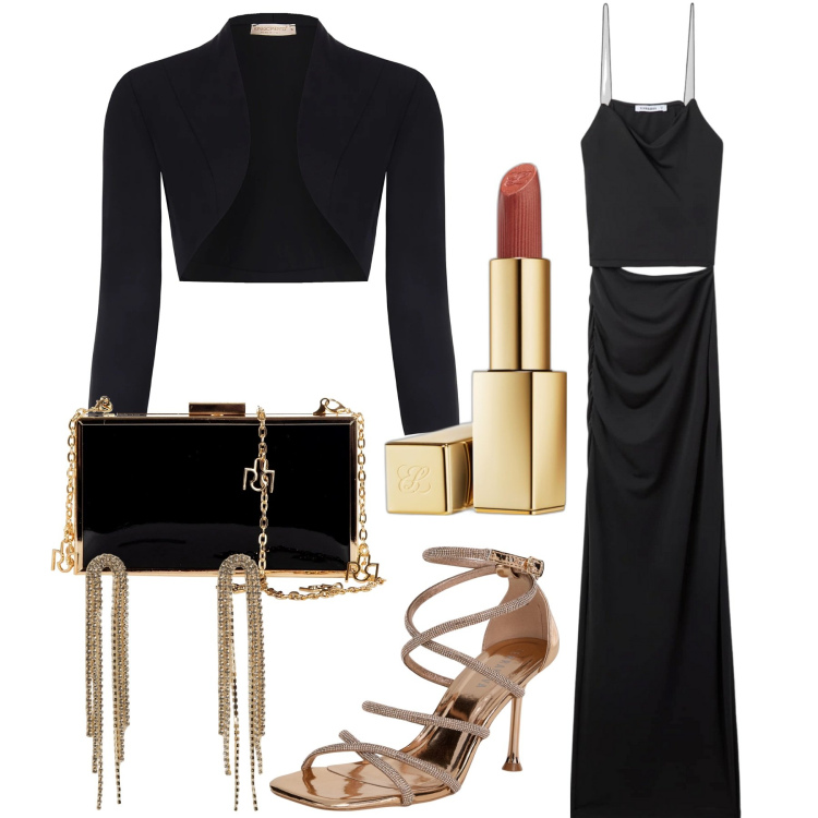 Outfit donna - Serata. Stile Glamour per Serata fuori. Abbinamento con rossetti, sandali col tacco, vestiti lunghi, orecchini, bolero, pochette.