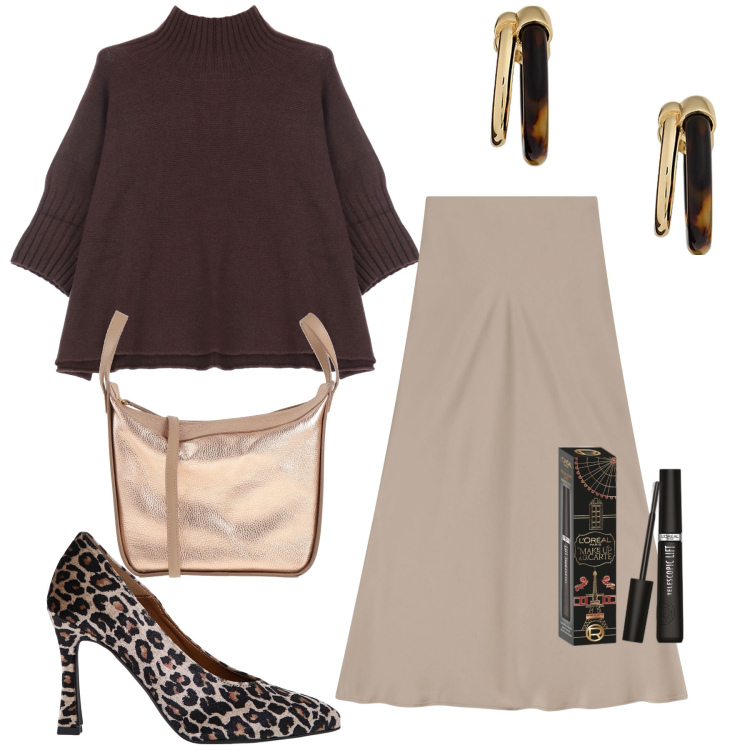 Outfit donna - Cena della vigilia. Stile Glamour per Serata fuori. Abbinamento con borse a mano, mascara, gonne lunghe, décolleté, maglieria, orecchini.