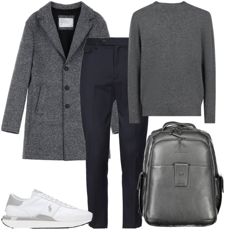 Outfit uomo - Lo stile minimal. Stile Trendy per Ufficio. Abbinamento con pantaloni, cappotti, sneakers, maglieria, borse sportive.