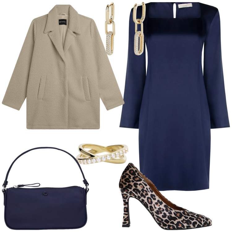 Outfit donna - Dicembre in blu e oro. Stile Chic per Serata fuori. Abbinamento con anelli, orecchini, vestiti midi/longuette, décolleté, cappotti, pochette.