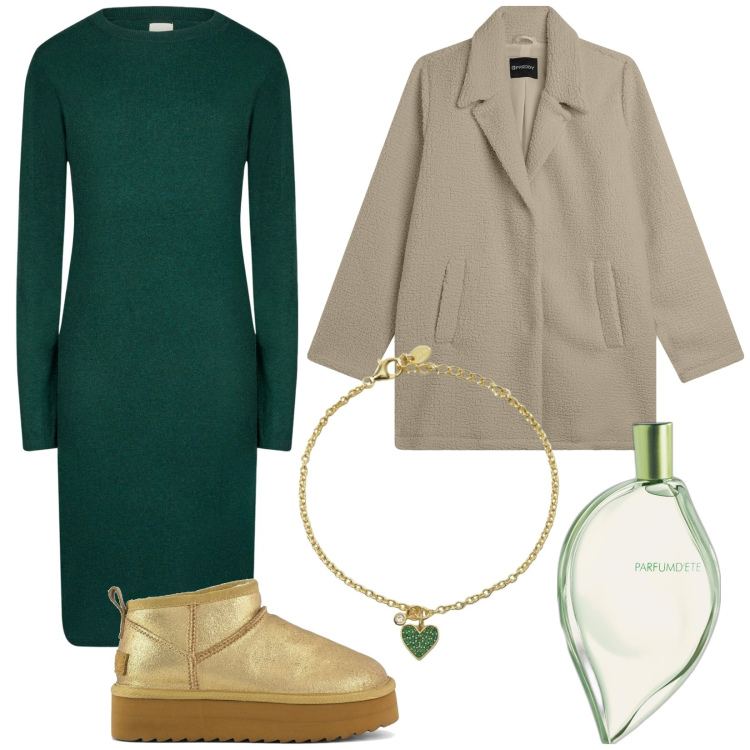 Outfit donna - Natale in famiglia. Stile Minimal per Tutti i giorni. Abbinamento con profumi, braccialetti con ciondoli, cappotti, vestiti midi/longuette, stivaletti.