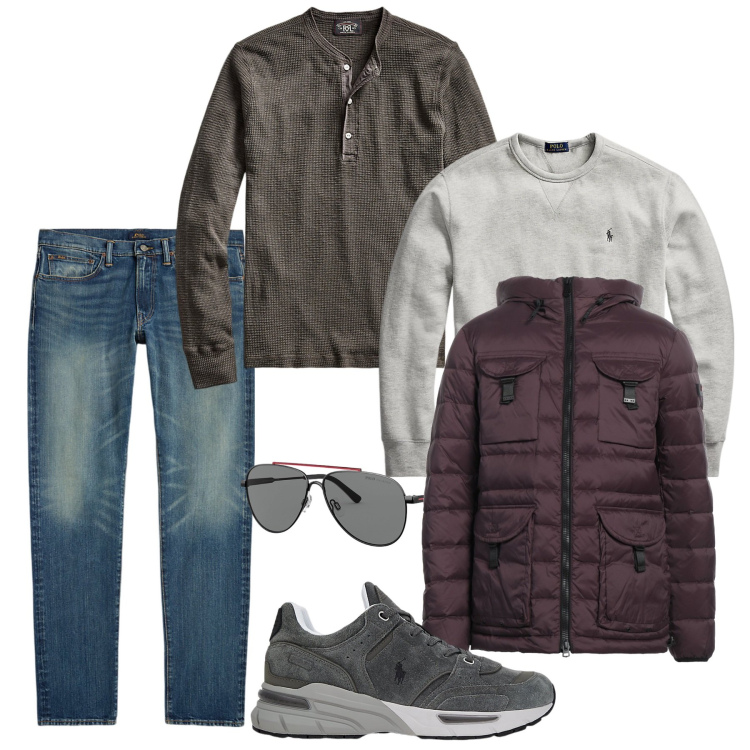 Outfit uomo - Sole e freddo. Stile Casual per Tutti i giorni. Abbinamento con piumini, occhiali da sole, t-shirt, felpe, jeans, sneakers.
