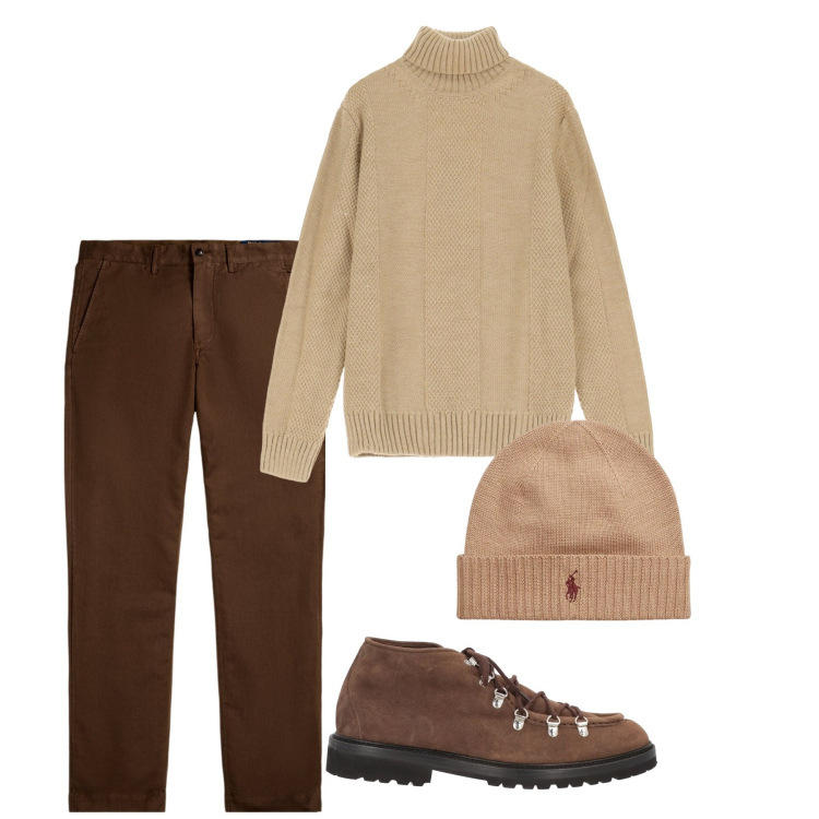 Outfit uomo - Tranquillo beige. Stile Casual per Tutti i giorni. Abbinamento con stivali e stivaletti, maglieria, berretti, pantaloni.