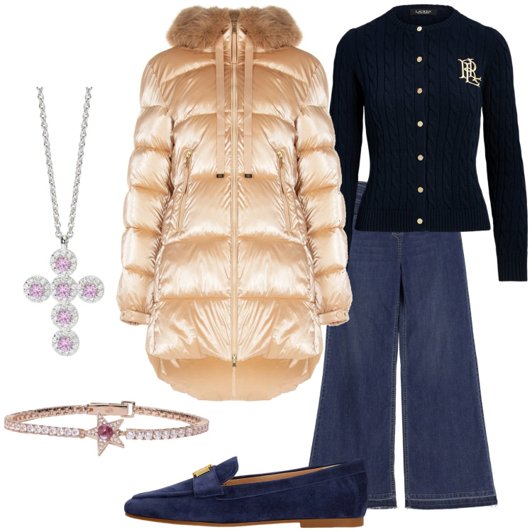 Outfit donna - Blu e oro. Stile Trendy per Tutti i giorni. Abbinamento con braccialetti, ciondoli, piumini, jeans, mocassini, cardigans.
