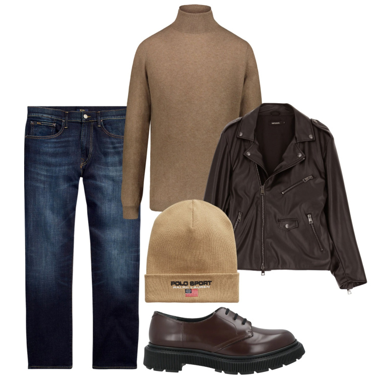 Outfit uomo - Brown December. Stile Casual per Tutti i giorni. Abbinamento con scarpe stringate, giacche, jeans dritti, berretti, maglieria.