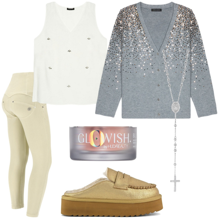 Outfit donna - La cena di Natale a casa mia. Stile Casual chic per Serata fuori. Abbinamento con primer, collane, pantaloni skinny, mocassini, cardigans, top.