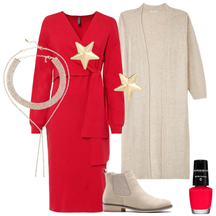Outfit donna - Natale in famiglia. Stile Casual chic per Tutti i giorni. Abbinamento con stivaletti chelsea, vestiti, collane, smalti, cardigans, orecchini.