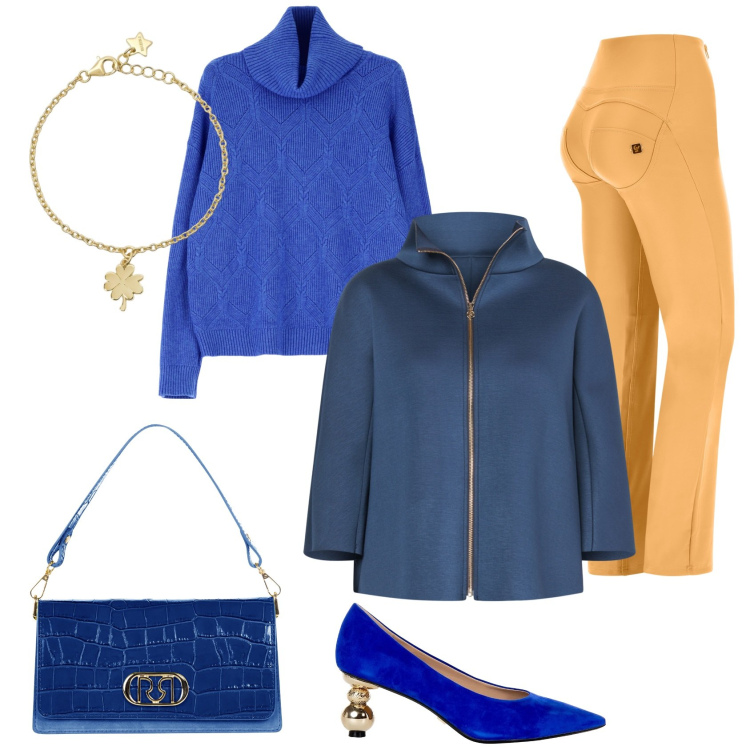 Outfit donna - Dicembre comodo. Stile Casual chic per Ufficio. Abbinamento con braccialetti con ciondoli, borse a tracolla, décolleté, cappe, maglieria, pantaloni.