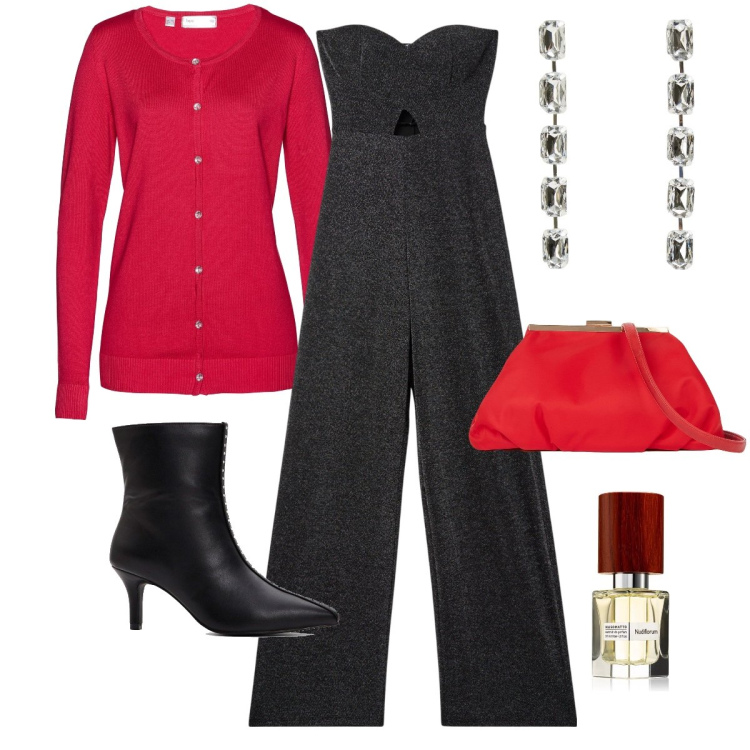 Outfit donna - Pronta per il veglione di Natale. Stile Glamour per Serata fuori. Abbinamento con stivaletti, cardigans, profumi, orecchini, tute, pochette.