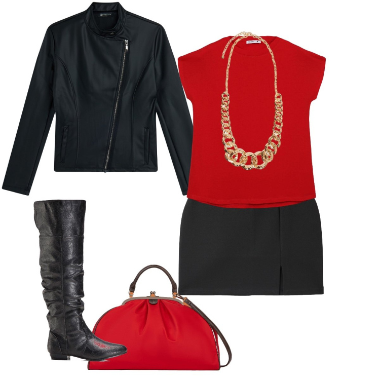Outfit donna - Rosso natalizio. Stile Preppy per Serata fuori. Abbinamento con stivali sopra il ginocchio, t-shirt, minigonne, giacche, borse a spalla, collane.