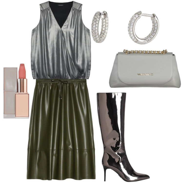 Outfit donna - Il top argentato. Stile Glamour per Serata fuori. Abbinamento con stivali, rossetti, orecchini, top, gonne longuette, borse a tracolla.
