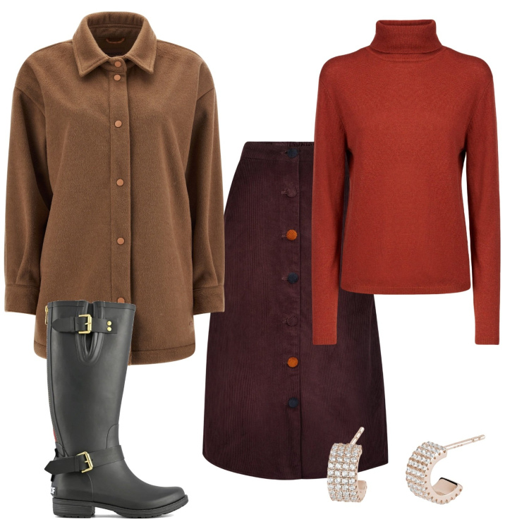 Outfit donna - Total look #2025682. Stile Casual per Tutti i giorni. Abbinamento con orecchini, cappotti, stivali, gonne longuette, maglieria.