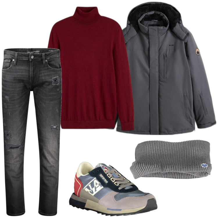 Outfit uomo - Total look #2025691. Stile Casual per Tutti i giorni. Abbinamento con maglieria, giacche, sneakers, sciarpe, jeans strappati.