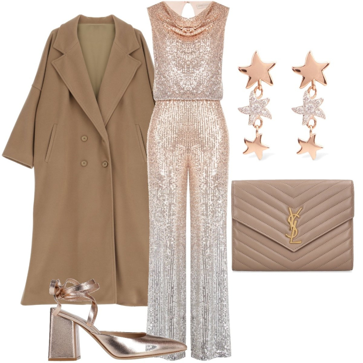 Outfit donna - Rosa lurex. Stile Glamour per Serata fuori. Abbinamento con décolleté, cappotti, tute, pochette, orecchini.