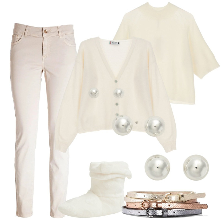 Outfit donna - Total white prima di Natale. Stile Casual chic per Tutti i giorni. Abbinamento con cinture, pantofole, jeans skinny, cardigans, maglieria, orecchini.