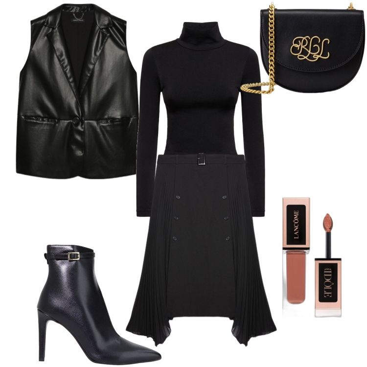 Outfit donna - Il gilet in pelle. Stile Chic per Serata fuori. Abbinamento con ombretti, stivaletti, borse a tracolla, top, gonne longuette, gilet.