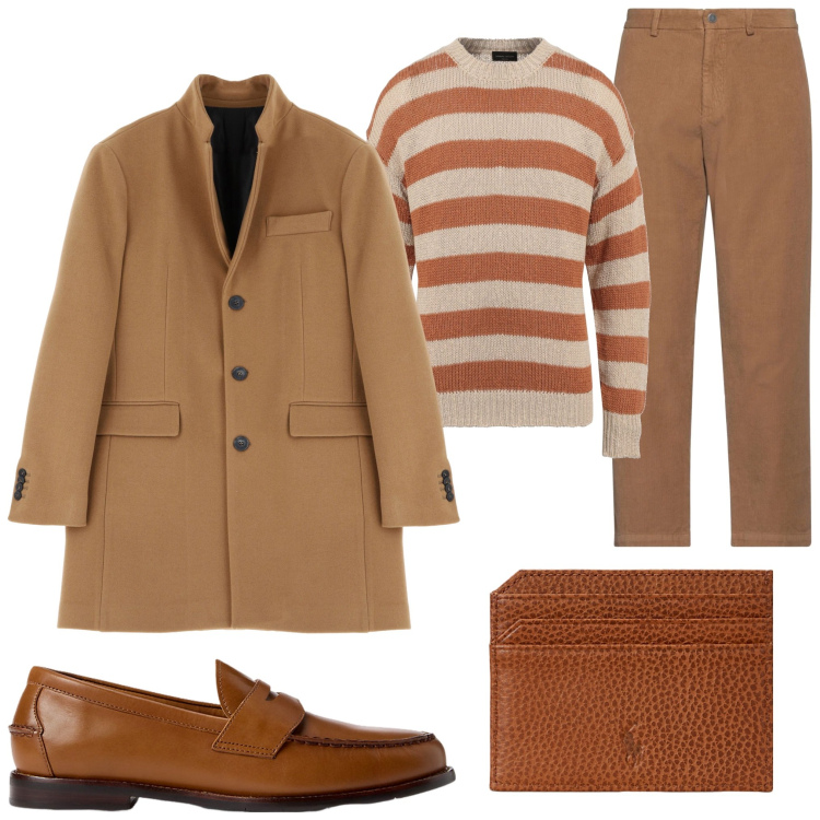 Outfit uomo - Look sofisticato. Stile Business/Elegante per Ufficio. Abbinamento con pullovers, pantaloni chino, cappotti, scarpe stringate, portafogli.