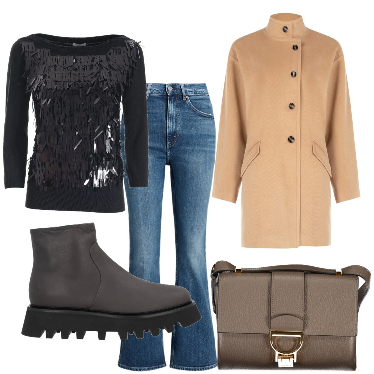 Outfit donna - Tempo Libero. Stile Trendy per Tutti i giorni. Abbinamento con stivaletti, cappotti, top, jeans, borse a tracolla.
