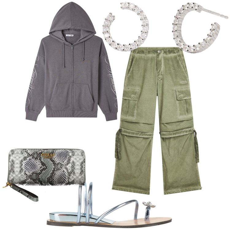 Outfit donna - In casa aspettando amici. Stile Sporty chic per Tutti i giorni. Abbinamento con ciabatte, felpe con cappuccio, orecchini, pantaloni cargo, portafogli.